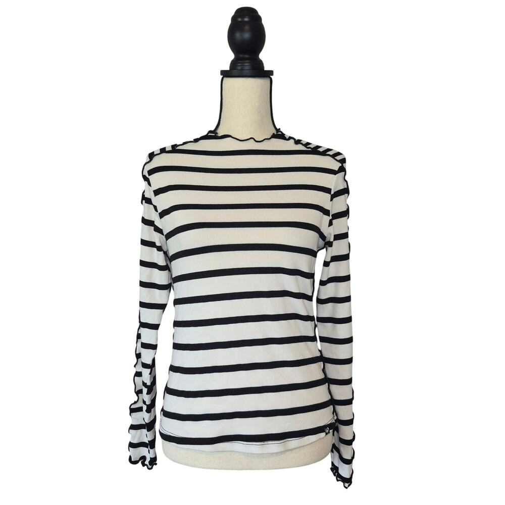 Desigual Striped Patchwork Top Lettuce Trim Perkins Mock Neck Knit Shirt Size L
